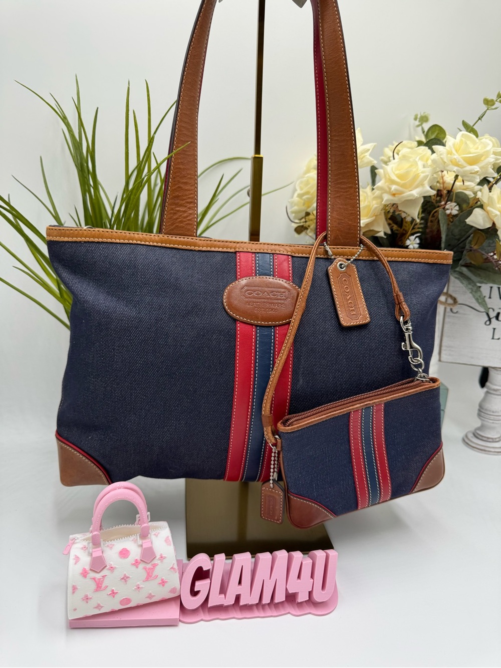 Coach Vintage Hamptons Weekend Slim Denim Stripe Tote & Wristlet Set